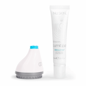 LumiSpa accent head and a tube of Ideal Eyes cream on a white backdrop.
