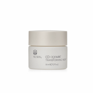 A jar of ageLOC Transforming Night hydrating cream displayed in front of a white backdrop.